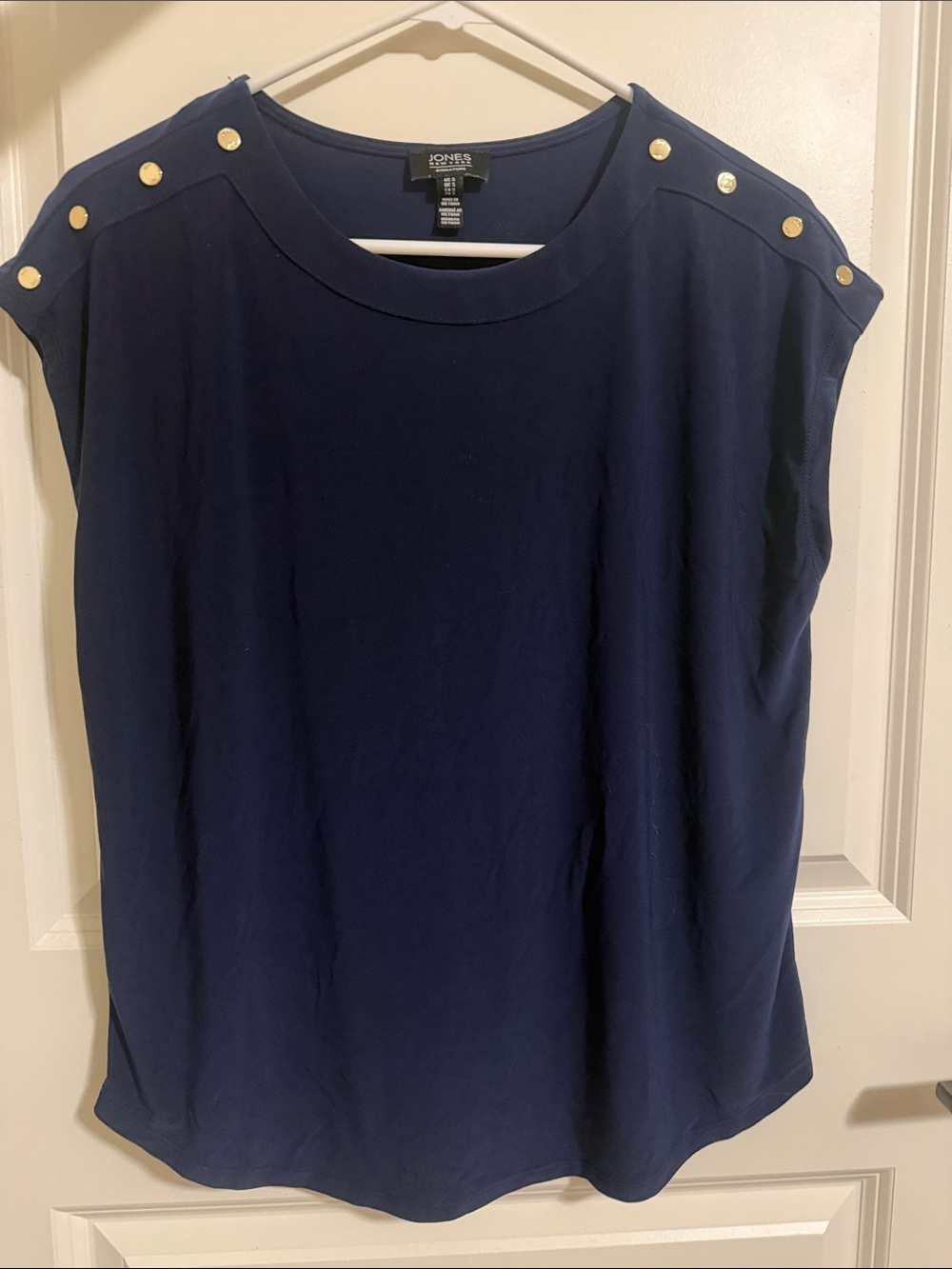 Jones New York Navy Sleeveless Blouse with Gold Shoulder Buttons